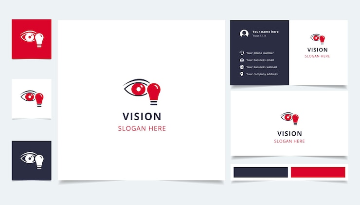 Wektor projekt logo wizji z edytowalną książką brandingową sloganów i