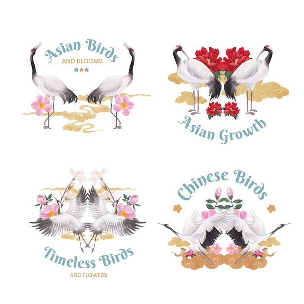Projekt Logo Z Koncepcją Ptaka I Chińskiego Kwiatu, Styl Akwareli