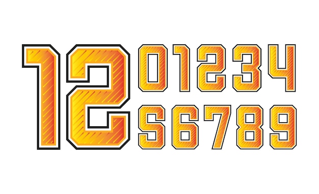Projekt numeru koszulki piłkarskiej i typografia numerów koszulki żółte i pomarańczowe numery 2 i 0