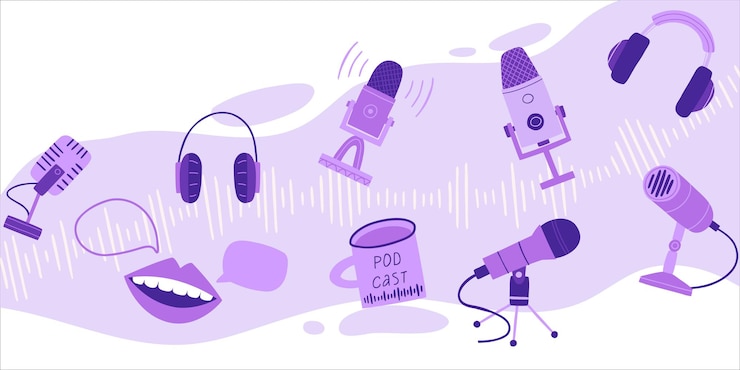 Projekt okładki podcastu w modnym stylu i fioletowym aksamitnym kolorze mikrofony urządzenia do nagrywania dźwięku słuchawki mewa z gorącym napojem płaski wektor ręcznie rysowane ilustracji