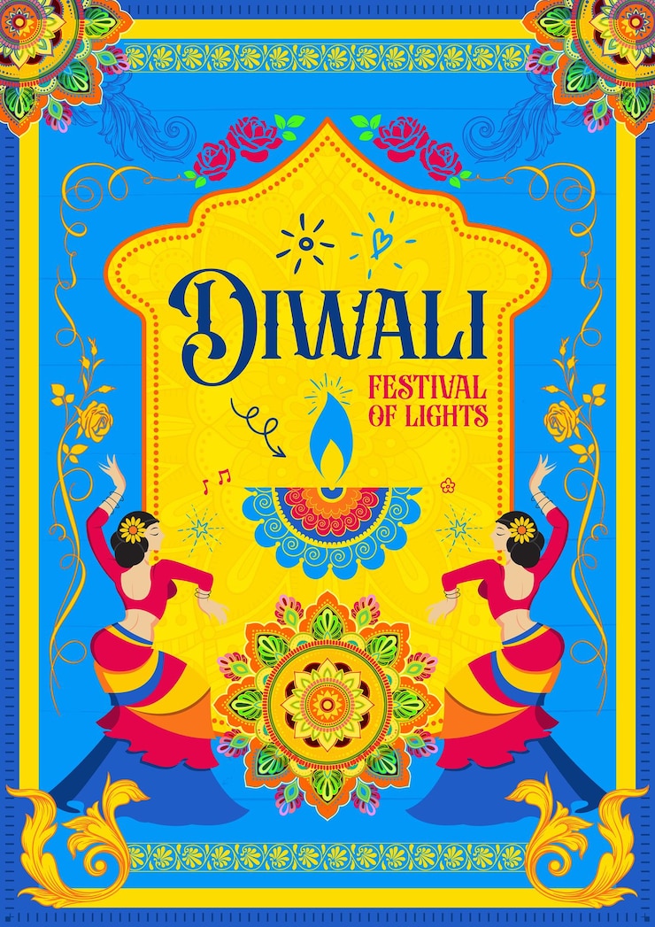 Wektor projekt plakatów diwali z indyjską kulturą tańczących kobiet