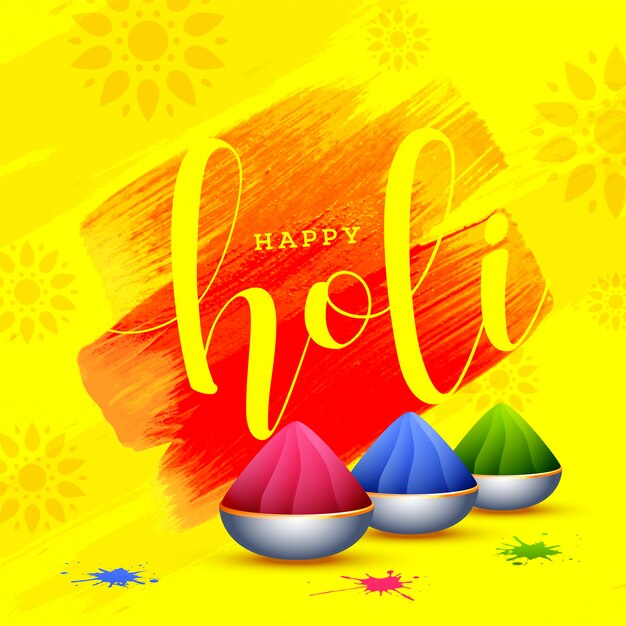 Projekt Plakatu Happy Holi Z Miskami Pełnymi Suchych Kolorów Na Yello