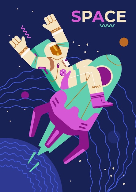 Projekt Plakatu Kosmicznego Z Astronautą Latającym Na Płaskiej Ilustracji Wektorowych Rakiety