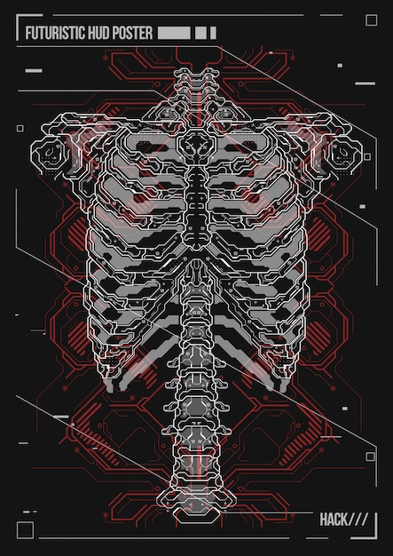 Projekt Plakatu Ludzkiego Ciała Z Futurystycznymi Elementami Hud. Hologram Anatomia Człowieka I Szkielet.