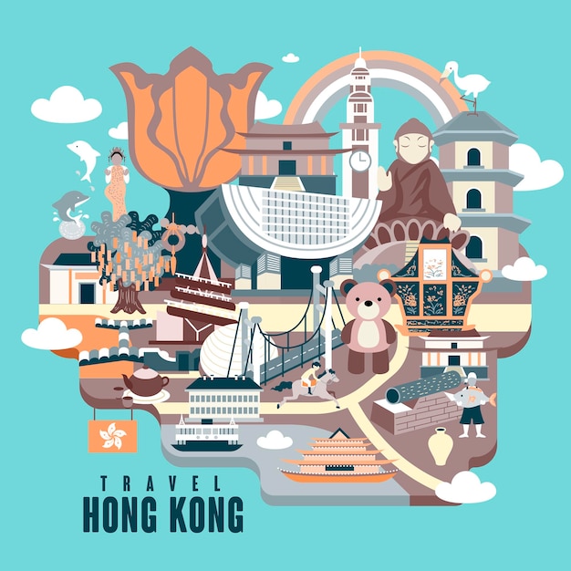 Projekt plakatu podróżniczego w Hongkongu z atrakcjami w stylu płaskiej