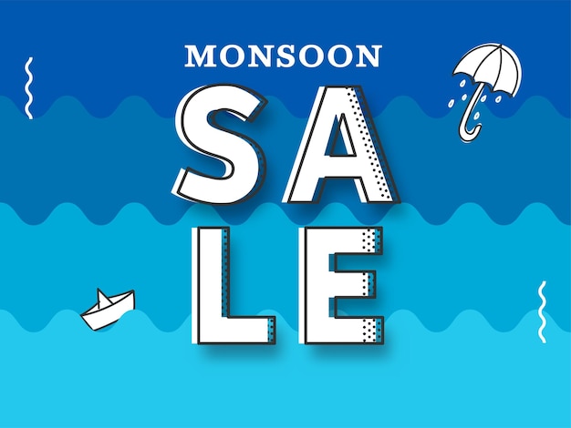 Projekt Plakatu Sprzedaży Monsunowej Z Papierową łodzią Parasolową Na Niebieskim Tle Fal Wodnych