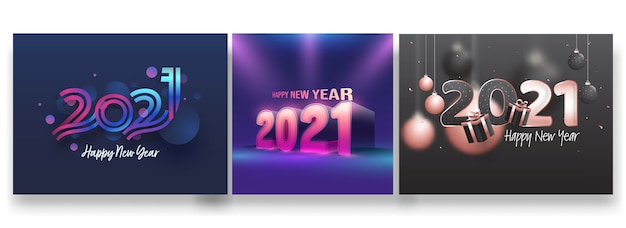 Plik wektorowy projekt plakatu szczęśliwego nowego roku 2021 w trzech opcjach kolorystycznych