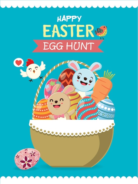 Projekt Plakatu Vintage Easter Egg Z Ptakiem Wielkanocnym Królikiem