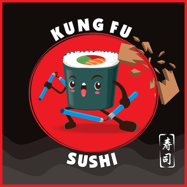 Projekt Plakatu Vintage Kung Fu Sushi Z Postacią Wektora Sushi. Chińskie Słowo Oznacza Sushi.