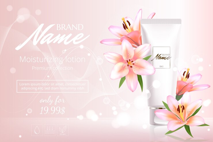 Projekt reklamowy produktu kosmetycznego z kwiatami. Wektor wzór pakietu kosmetycznego. Baner reklamowy perfum.