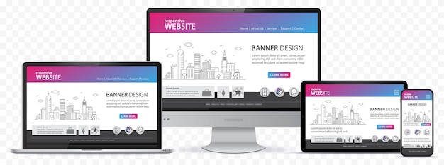 Projekt strony internetowej z ilustracją wektorową ekranu komputera stacjonarnego, tabletu i telefonu komórkowego