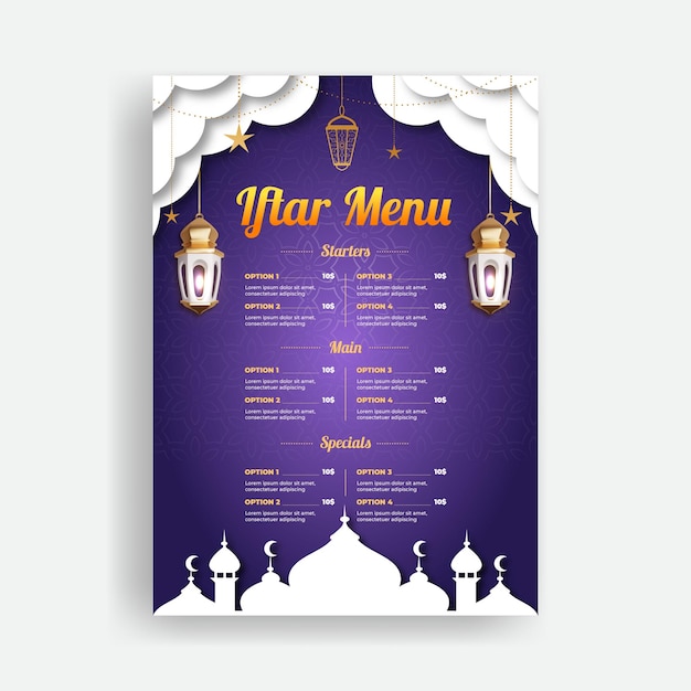 Projekt szablonu do drukowania menu iftar i ulotki lub plakatów na przyjęcie iftar