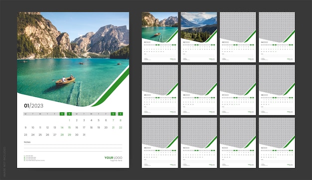Plik wektorowy projekt szablonu kalendarza ściennego na rok 2023, miesięczny kreatywny układ kalendarza ilustracja wektorowa