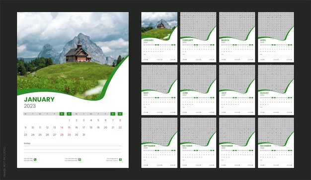 Plik wektorowy projekt szablonu kalendarza ściennego na rok 2023, miesięczny kreatywny układ kalendarza ilustracja wektorowa