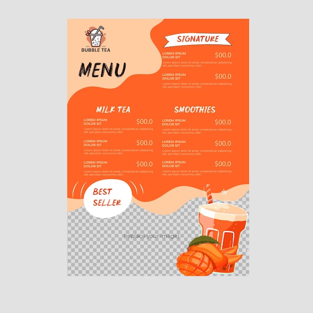 Projekt szablonu menu w sklepie z mlekiem i herbatą