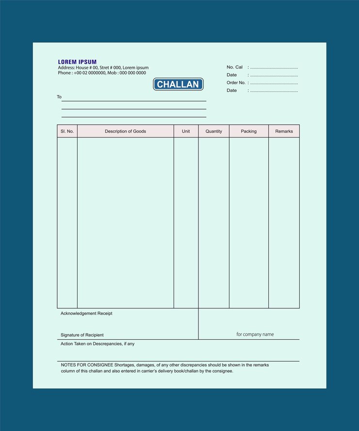 Wektor projekt szablonu rachunku challan challan delivery challan challan form bill of entry lodgment slip