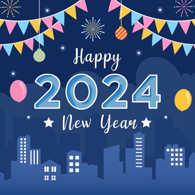 Projekt szczęśliwego nowego roku 2024 z gwiazdami balonów z fajerwerkami na ciemnoniebieskim tle
