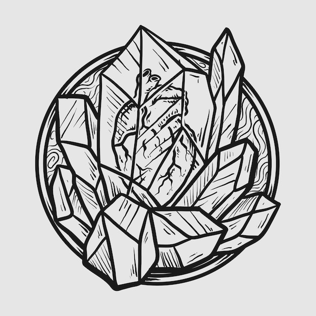 Plik wektorowy projekt tatuażu i koszulki czarno-białe ręcznie rysowane serce w kryształowym kamieniu