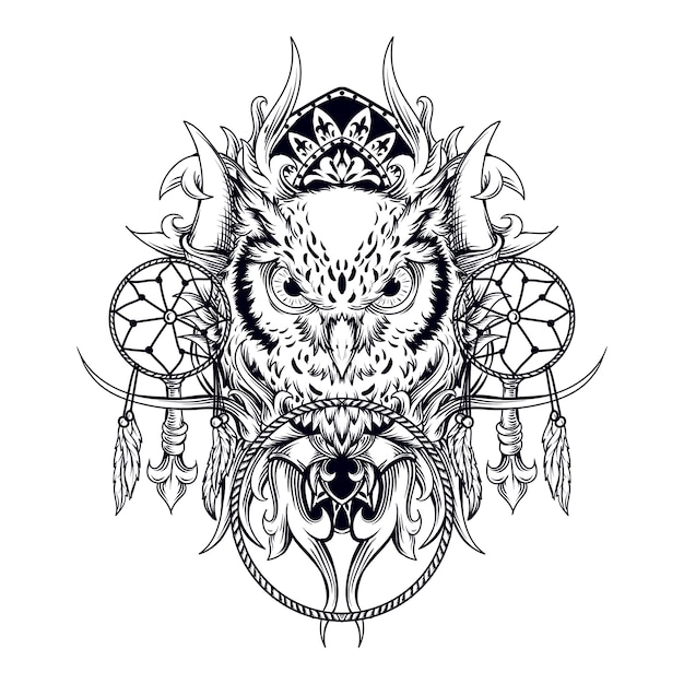 projekt tatuażu i koszulki czarno-biały ręcznie rysowane ilustracja sowa z grawerowaniem łapacza snów
