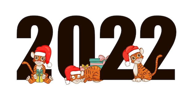 Projekt Tekstu Szczęśliwego Nowego Roku 2022 W Stylu Kreskówki Z Tygrysami. Symbol Roku Według Chińskiego Kalendarza. Zaprojektuj Broszurę, Szablon, Pocztówkę, Baner. Ilustracja Wektorowa.