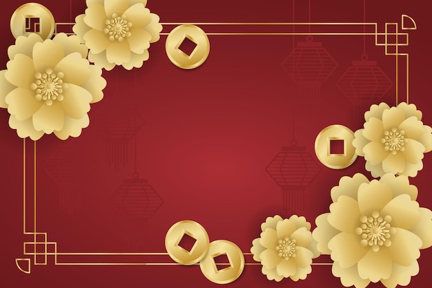 Projekt transparentu festiwalu chińskiego nowego roku ze złotymi kwiatami i chińskimi monetami na czerwonym tle