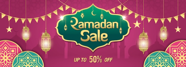 Projekt Transparentu Sprzedaży Ramadan Ze Złotą Błyszczącą Ramką, Arabskimi Lampionami I Islamskim Ornamentem Na Fioletowo