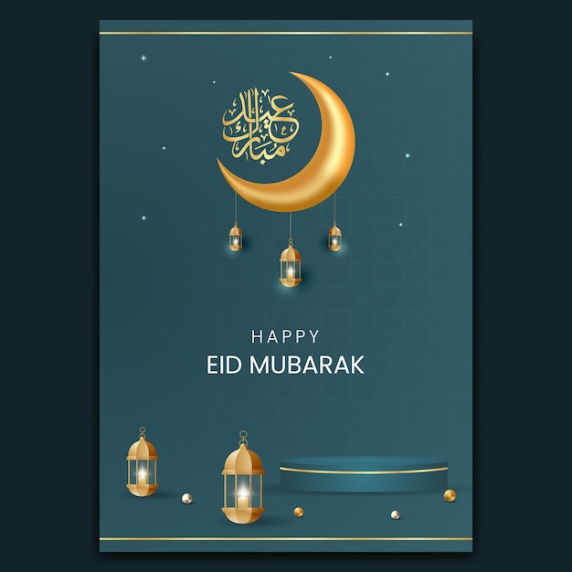 Projekt Ulotki Eid Al Fitr Mubarak Z Kaligrafią Księżyca I Ilustracji Latarni