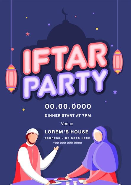 Projekt Ulotki Iftar Party Ze Szczegółami Wydarzenia I Wiszące Latarnie Na Tle Meczetu Sylwetka Niebieski.