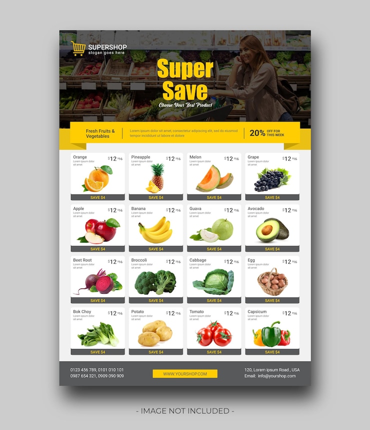 Wektor projekt ulotki promocyjnej sprzedaży w supermarkecie