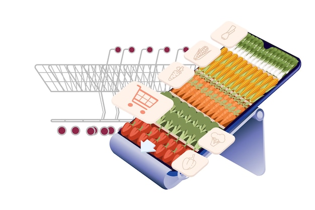 Projekt Ulotki Reklamowej Z Internetowymi świeżymi Warzywami Sklep Nowoczesną Aplikację Sklepową Na Smartfonie Płaska Wektorowa Ilustracja Na Białym Tle