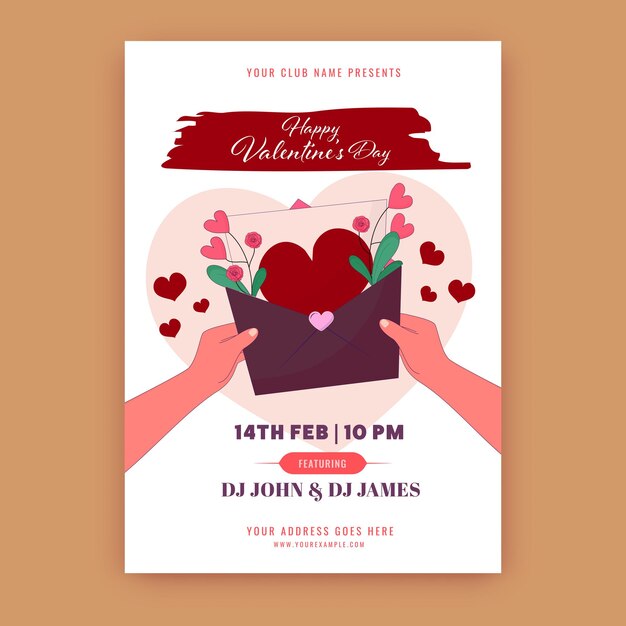 Projekt ulotki z zaproszeniem na przyjęcie Świętego Walentynki z ręką trzymającą kopertę miłości Ilustracja