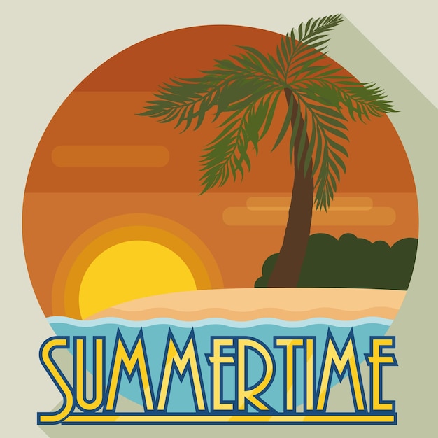 Plik wektorowy projekt widoku zachodu słońca z palmą na plaży w płaskim stylu i długim cieniem