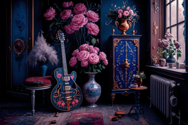 Plik wektorowy projekt wnętrza pokoju z gitarą i kwiatami