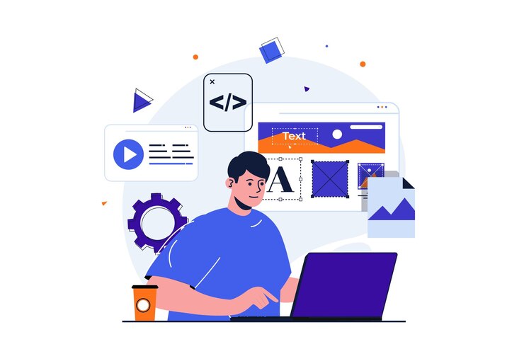 Wektor projektant stron internetowych nowoczesna koncepcja mieszkania do projektowania banerów internetowych mężczyzna pracujący z miejscami układu strony internetowej
