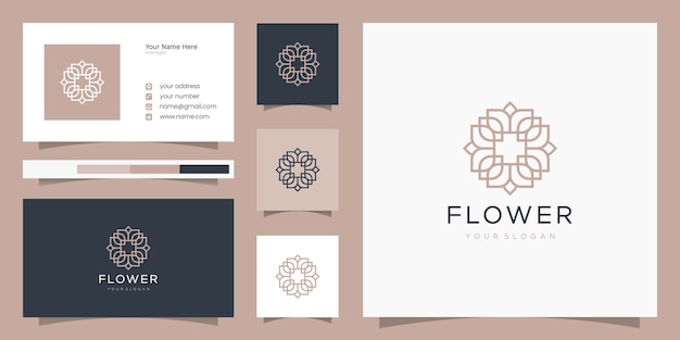 Projektowanie Logo Kwiat W Stylu Grafiki Liniowej. Logo I Szablon Wizytówki