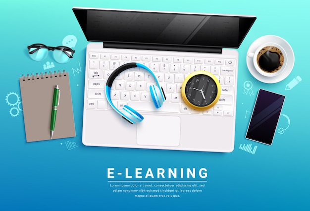 Projektowanie wektorów e-learningu w szkole Powrót do szkoły e-learn i edukacja na odległość za pomocą laptopa