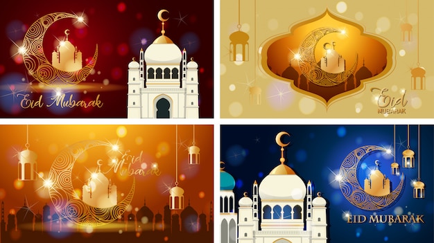 Projekty kolekcji dla muzułmańskiego festiwalu Eid Mubarak ilustracje kart