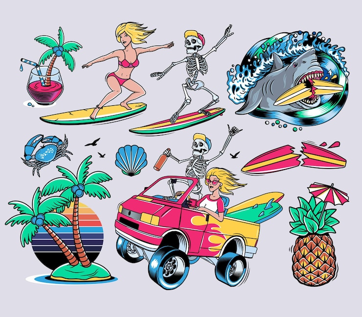 Wektor projekty surfingowe. surf van z crazy skeleton i blondie girl.