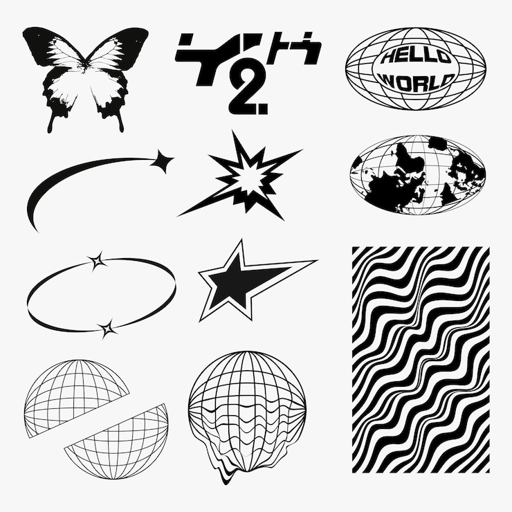 Wektor projekty y2k design globusy, motyle, gwiazdy, abstrakcyjne kształty dla koszulek, odzież uliczna, moda i styl elementów y2k