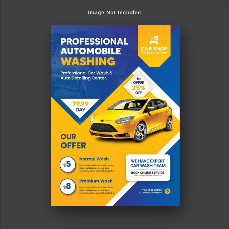 Promocyjna myjnia samochodowa i szablon ulotki naprawy samochodów wektor premium
