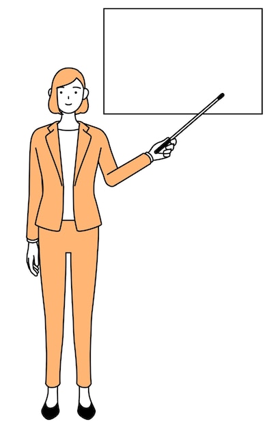 Prosta Ilustracja Do Rysowania Linii Przedstawiająca Bizneswoman W Garniturze Wskazującą Na Tablicę Za Pomocą Wskaźnika.