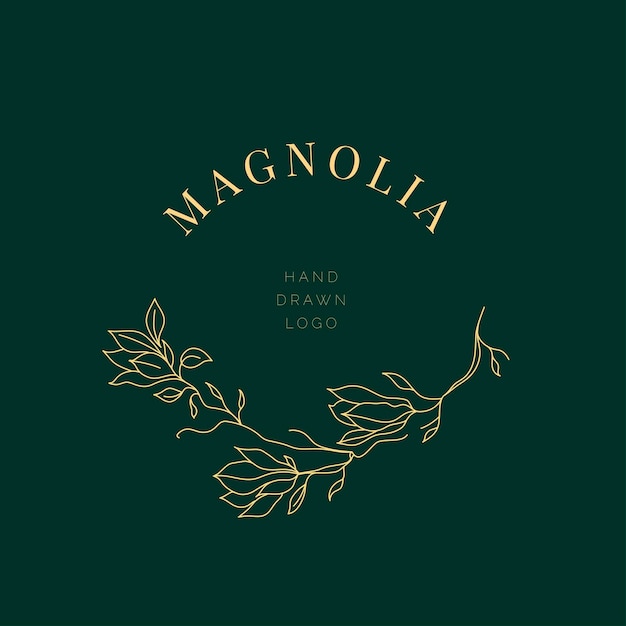 Prosta Ilustracja Logo Kwiat Magnolii Dla Nieruchomości. Botaniczny Kwiatowy Emblemat Z Typografią Na Brązowym Tle