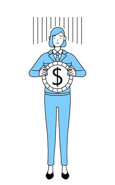 Plik wektorowy prosta ilustracja rysunkowa kobiety w pracy nosi obraz straty walutowej lub deprecjacji dolara