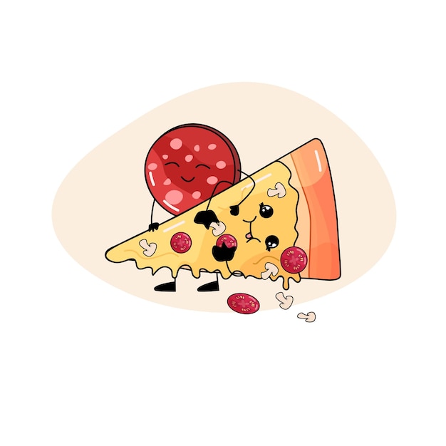 Plik wektorowy prosta, płaska para z kreskówek z różowym uśmiechniętym salami i pizzą pokrytą topiącym się serem