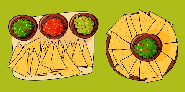 Plik wektorowy proste doodle tradycyjne meksykańskie jedzenie. chipsy kukurydziane z sosami, sos.