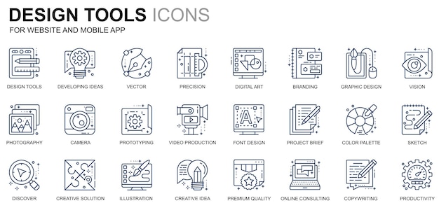 Proste Ikony Narzędzi Do Projektowania Scenografii Dla Stron Internetowych I Aplikacji Mobilnych Zawierają Takie Ikony, Jak Kreatywne Rozw...