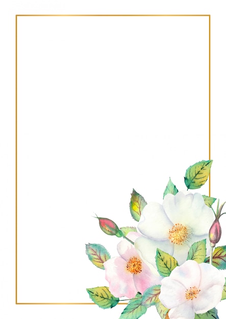 Plik wektorowy prostokątna złota ramka z białą różą, czerwonymi owocami i zielonymi liśćmi na białym tle