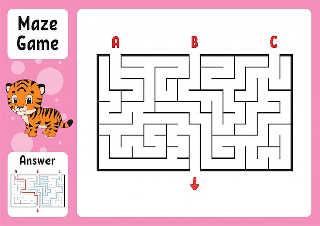 Prostokątny labirynt. Gra dla dzieci. Trzy wejścia, jedno wyjście. Puzzle dla dzieci.