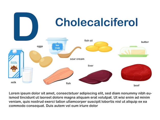 Prostokątny Plakat Z Produktami Spożywczymi Zawierającymi Witaminę D Cholekalcyferol Medycyna Dieta Zdrowe Odżywianie Infografiki Produkty Z Nameflat Ilustracja Jedzenie Kreskówka Na Białym Tle