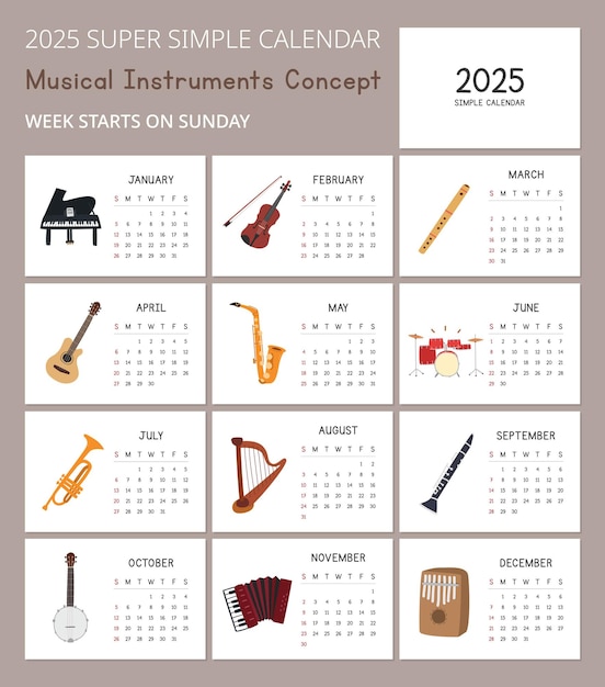 Prosty kalendarz 2025 Szablon z uroczymi ilustracjami instrumentów muzycznych Koncepcja orkiestry